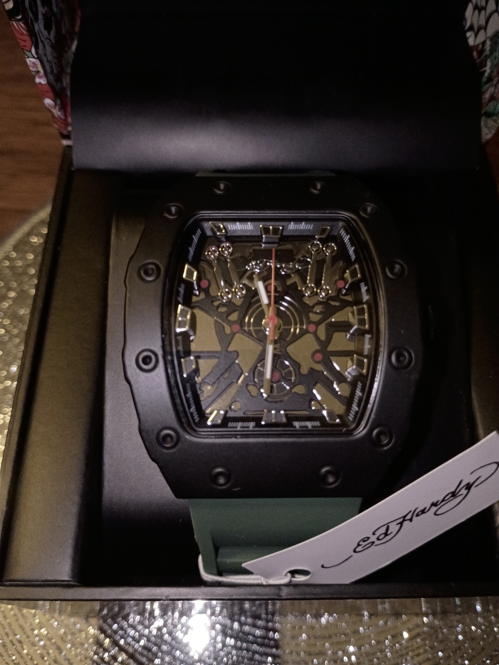 Ed Hardy Black Skeleton Dial Watch with Green Silicone Strap